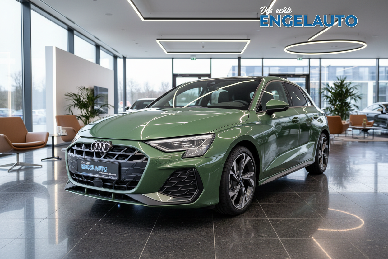 Neuer Audi A1 Sportback in Distriktgrün metallic im Autohaus Engelauto Showroom - Kompaktwagen mit S-Line Exterieur und LED-Scheinwerfern