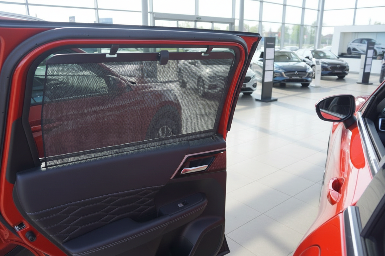 Rotes SUV Innenraum mit Sonnenschutz-Rollo an hinterer Tür im Autohaus