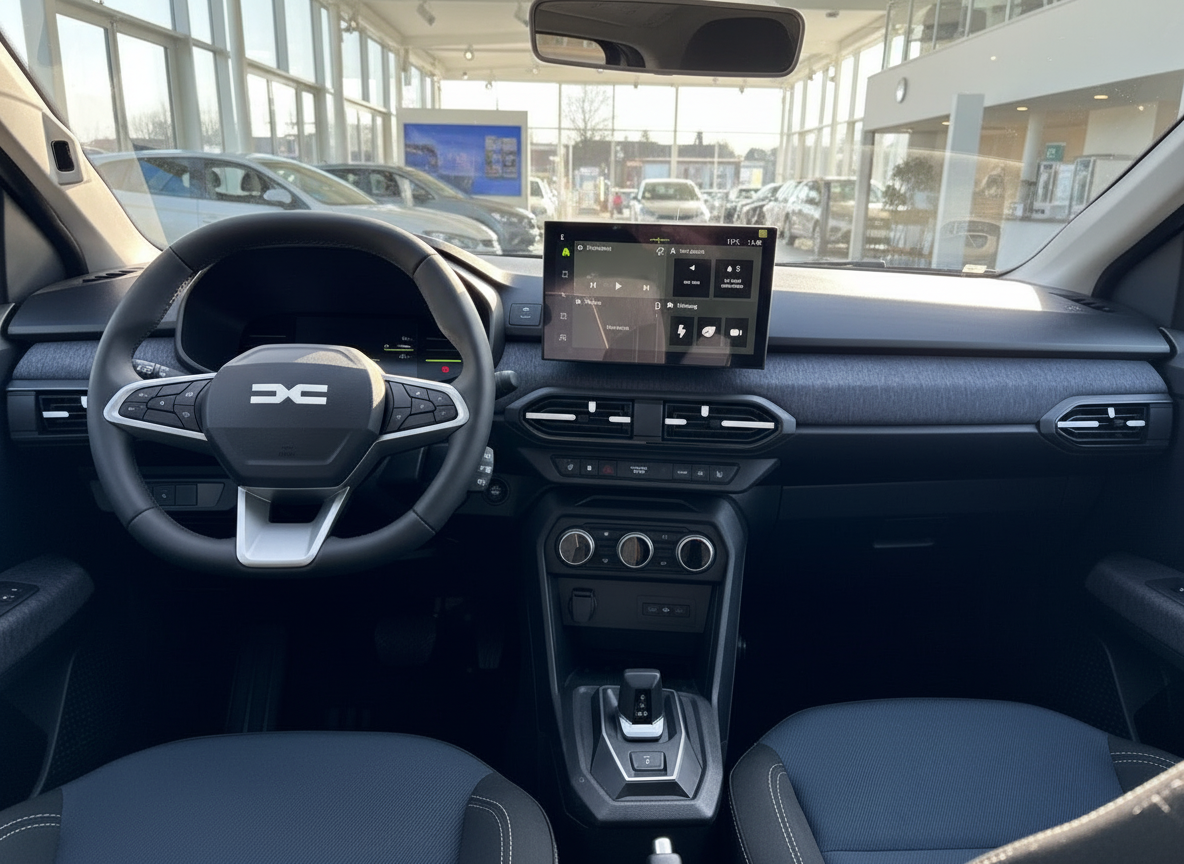 Dacia Innenraum mit Touchscreen-Navigation, Lederlenkrad und modernem Cockpit-Design
