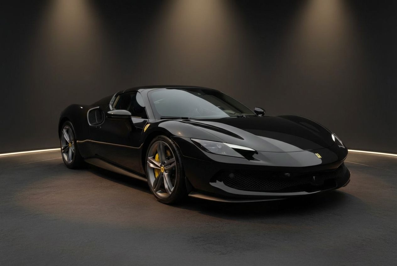 Schwarzer Ferrari 296 GTS Sportwagen in dunklem Showroom mit gelben Bremssätteln