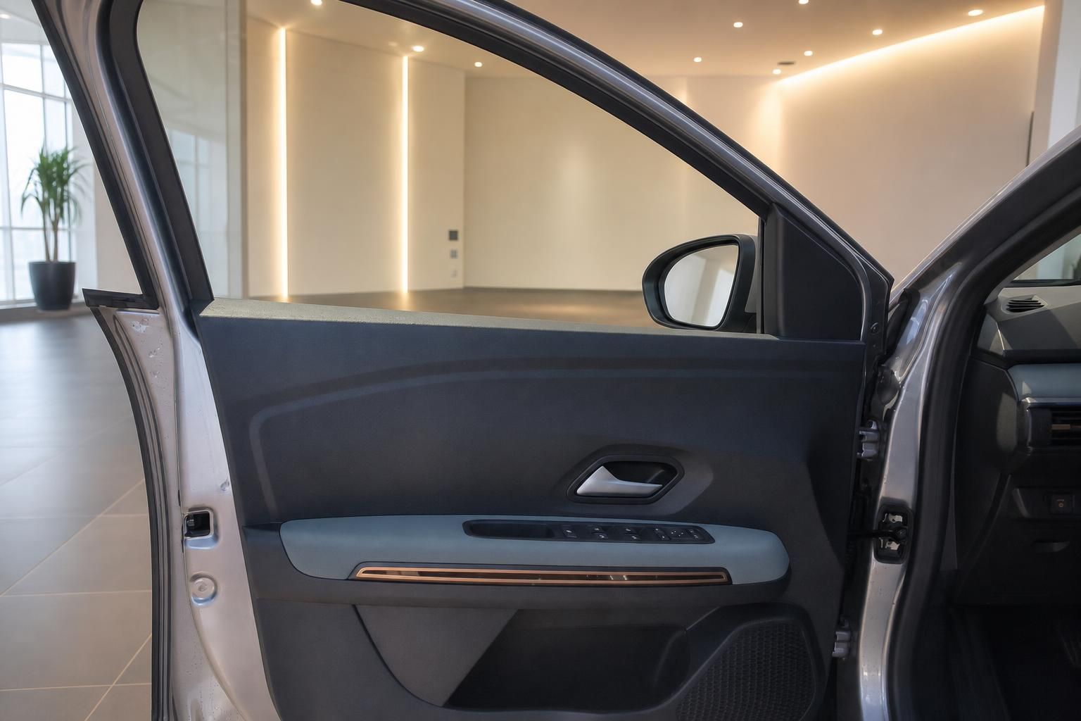 Dacia Fahrertür geöffnet mit Türverkleidung, Fensterheber und Außenspiegel im Autohaus