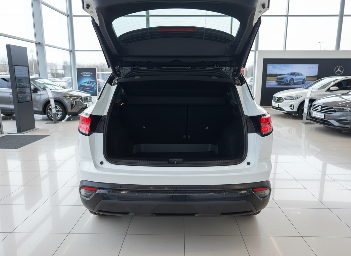 Weißer SUV mit geöffnetem Kofferraum im Autohaus-Showroom