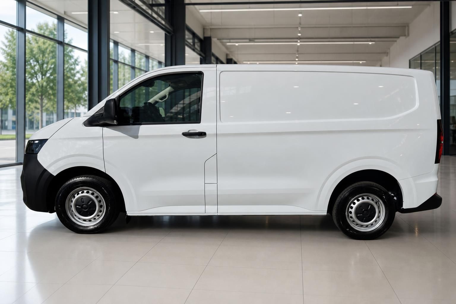 VW Transporter weiß Seitenansicht im Autohaus