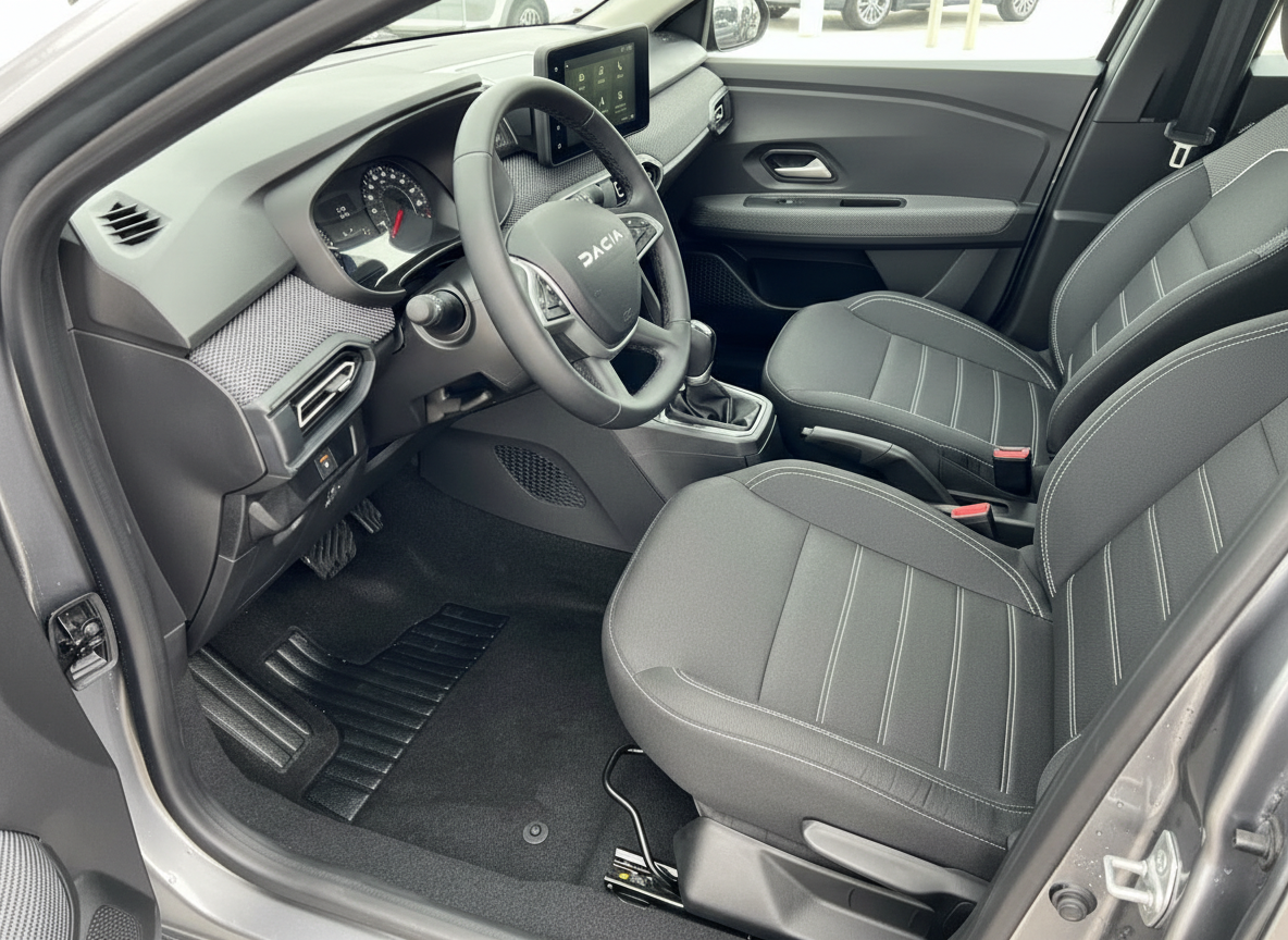 Dacia Innenraum Fahrerseite mit schwarzen Stoffsitzen, Lenkrad und Touchscreen-Navi
