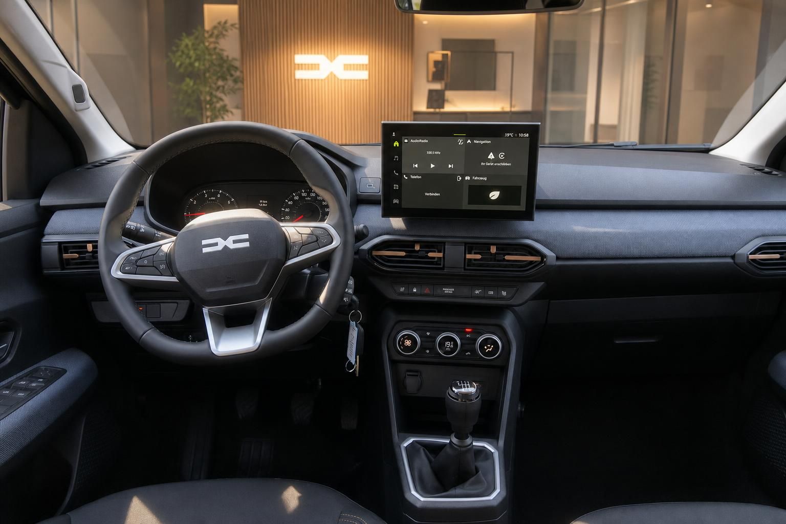 Dacia Innenraum mit Lenkrad, Cockpit und Touchscreen-Display