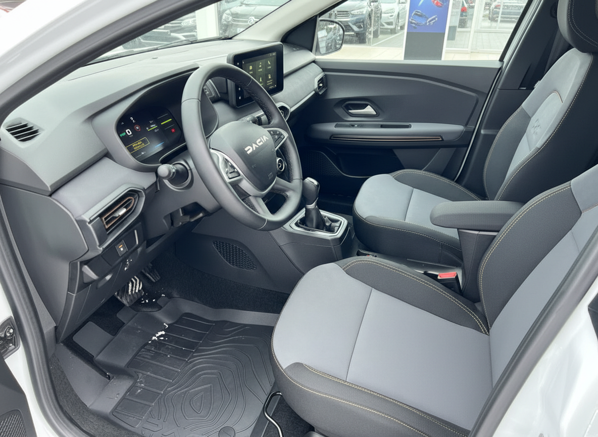 Dacia Innenraum mit digitalem Cockpit, Touchscreen und grau-schwarzen Sitzen mit Kontrastnähten