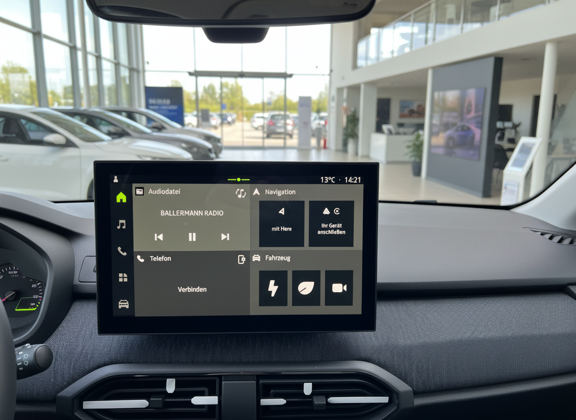 Fahrzeug-Infotainment-Display mit Navigation und Audiofunktionen im Autohaus