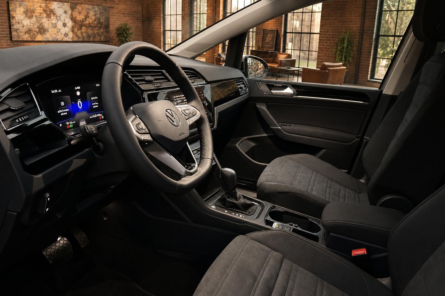 VW Touran Innenraum Ansicht auf Cockpit und Vordersitze
