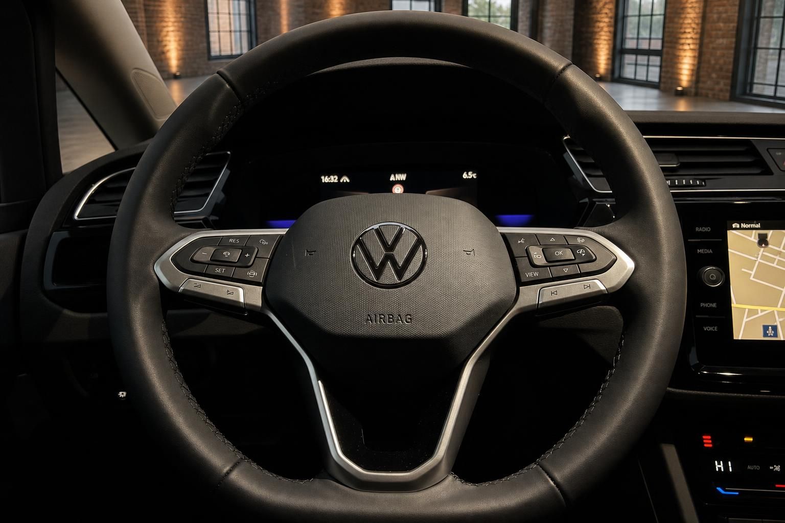 VW Touran Lenkrad Nahaufnahme mit Multifunktionstasten und Logo