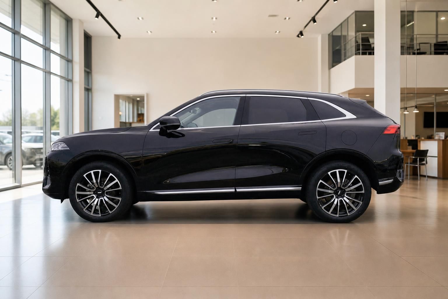 WEY SUV schwarz Seitenansicht im Autohaus mit Leichtmetallfelgen und Chromdach-Reling