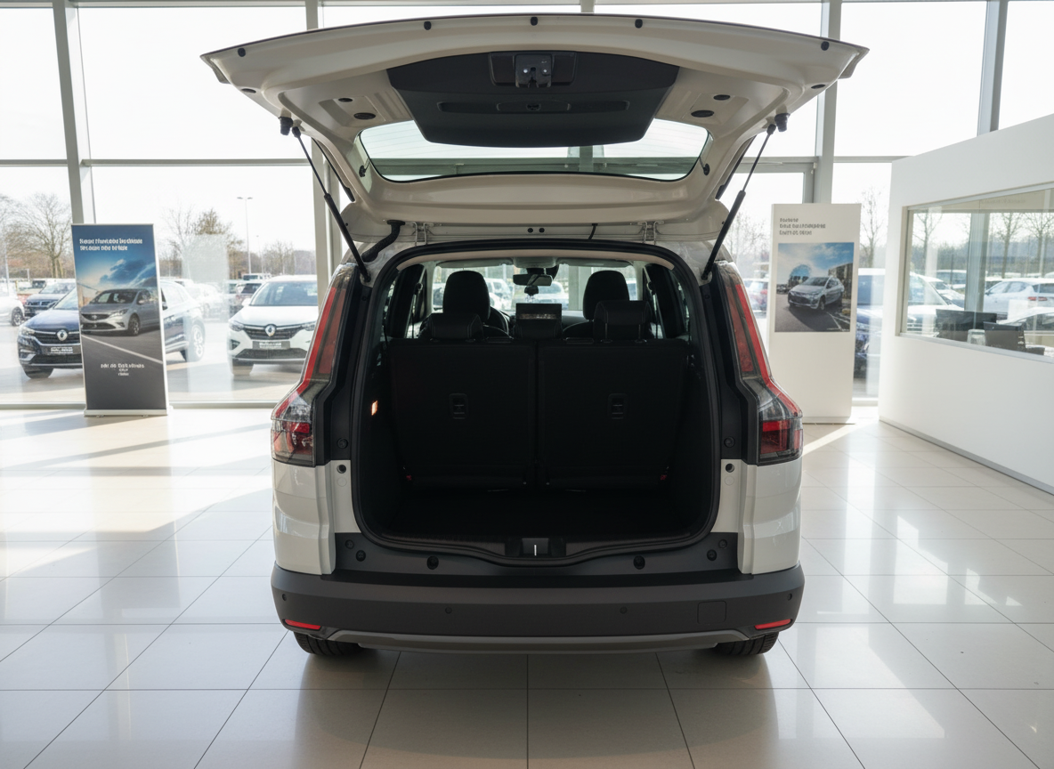 Weißes SUV mit geöffneter Heckklappe im Autohaus-Showroom, Kofferraum-Ansicht