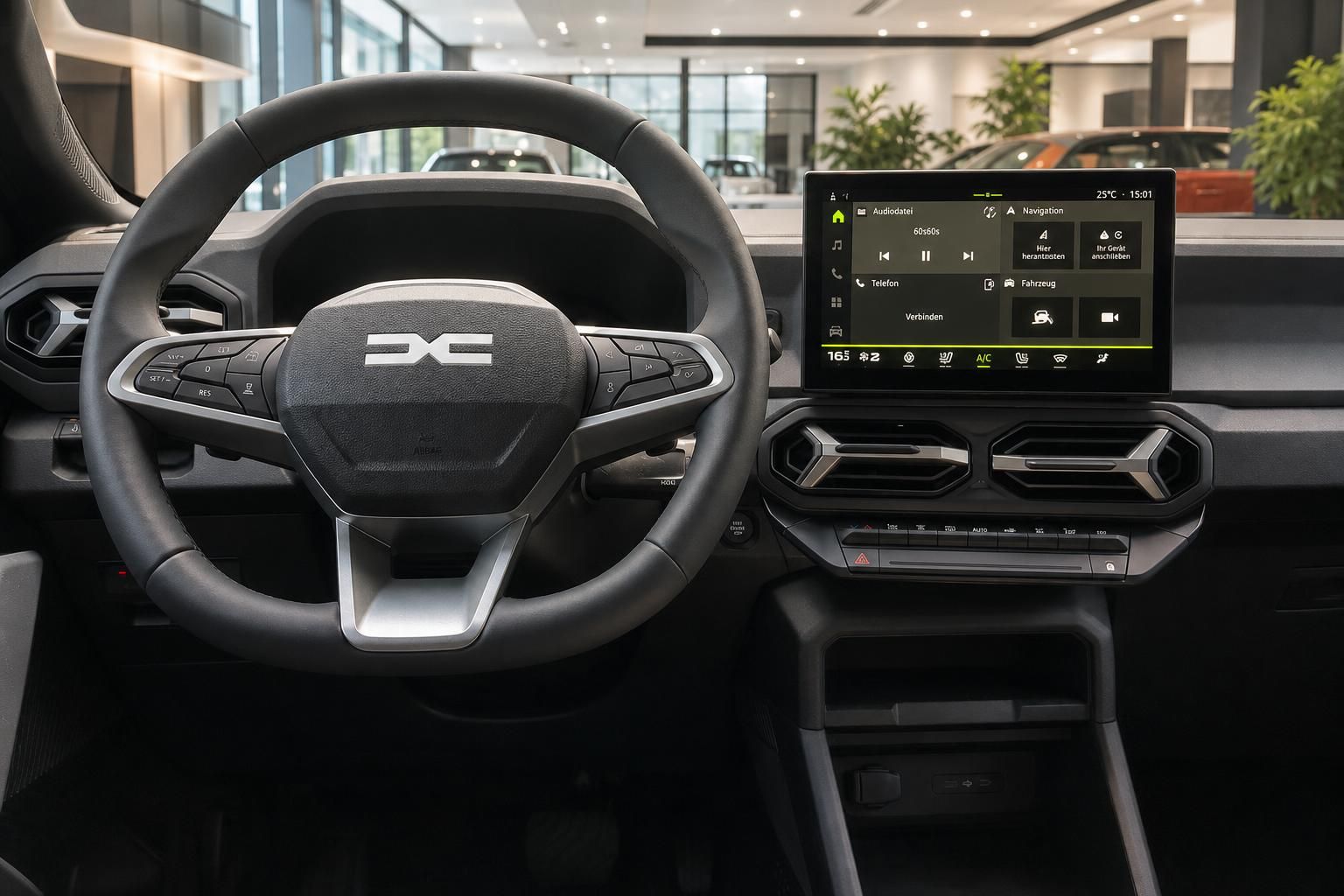Dacia Duster Cockpit mit Lenkrad und Infotainment-Display im Autohaus