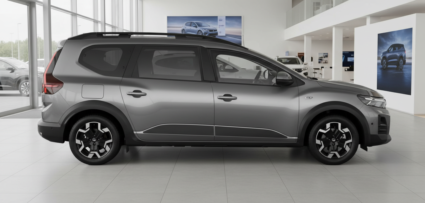 Dacia Jogger in Grau – Seitenansicht im Autohaus, 7-Sitzer MPV mit Leichtmetallfelgen
