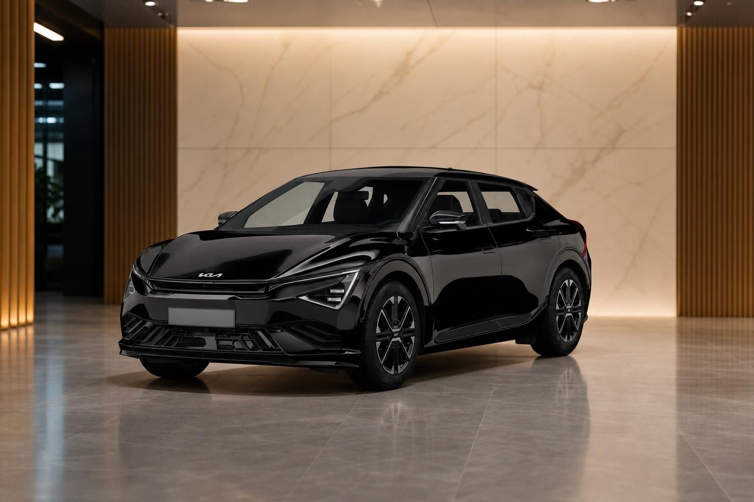 Kia EV6 in Schwarz, Frontansicht schräg im Showroom