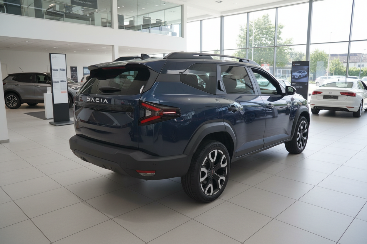 Dacia Bigster SUV in Dunkelblau im Autohaus – Heckansicht mit Leichtmetallfelgen
