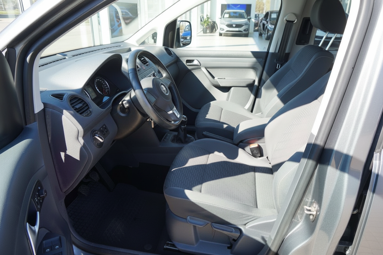 VW Caddy Innenraum Fahrersitz mit Lenkrad und Instrumententafel in grauem Stoff
