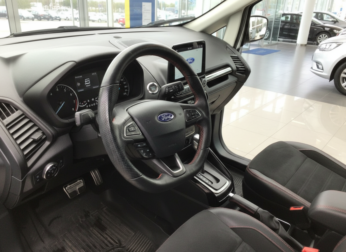 Ford EcoSport Innenraum mit schwarzem Lederlenkrad, Touchscreen und Sportausstattung im Autohaus