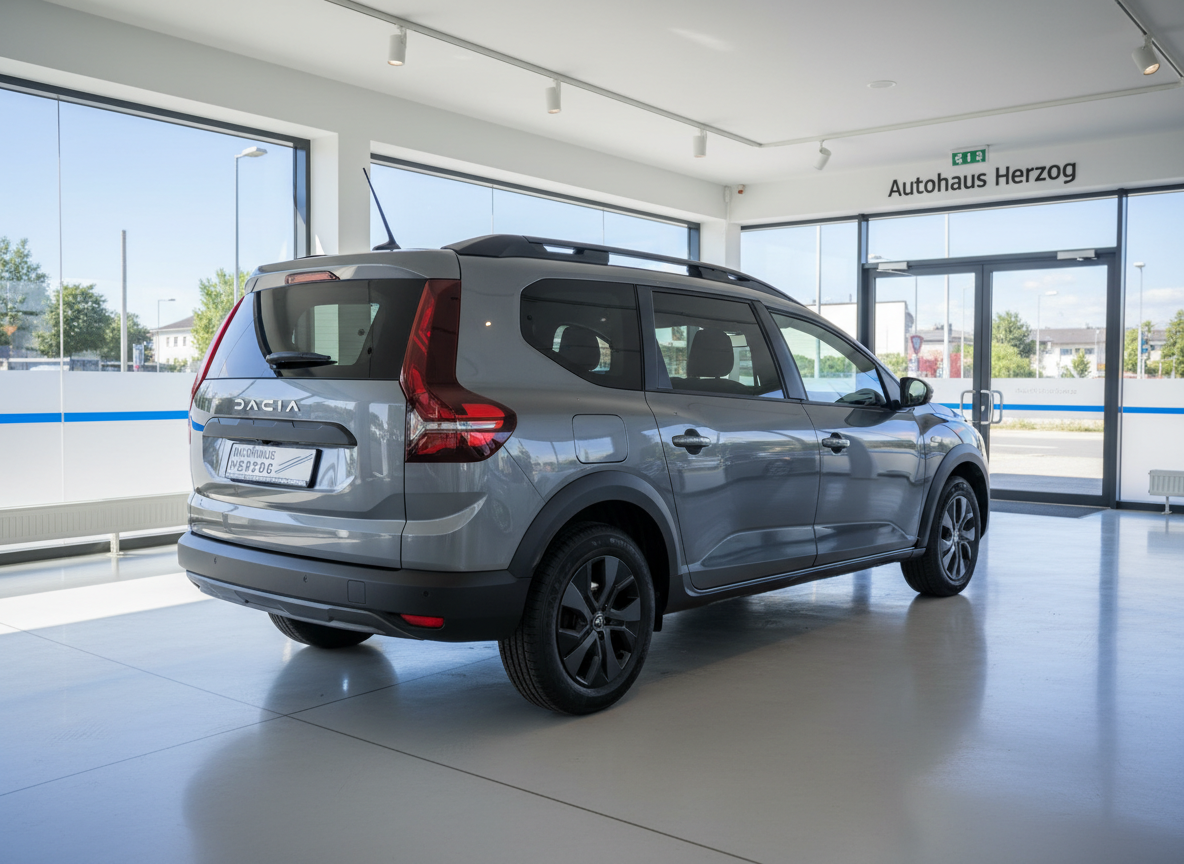 Dacia Jogger in Grau, Heckansicht im Autohaus Herzog Showroom