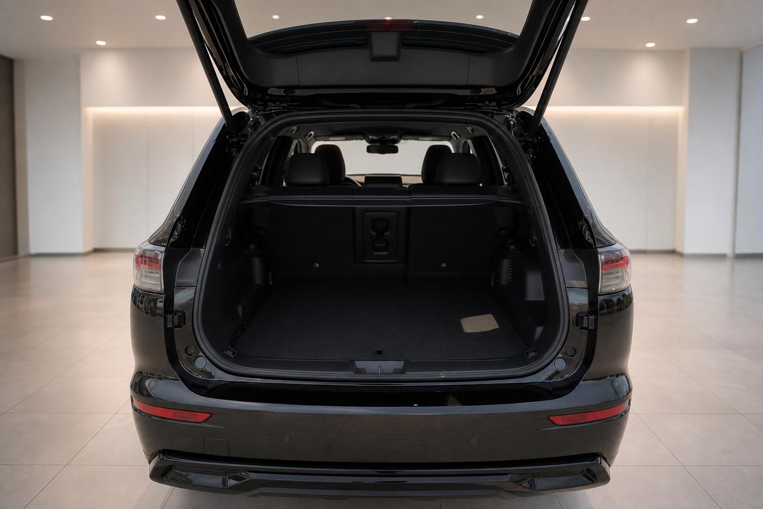 Kofferraum eines schwarzen SUV mit geoeffneter Heckklappe und viel Ladevolumen