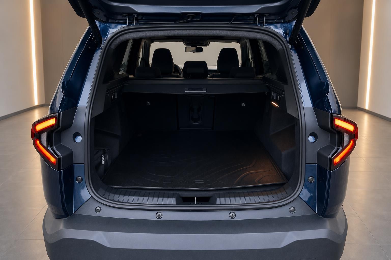 Kofferraum eines blauen SUVs mit geöffneter Heckklappe und LED-Rückleuchten