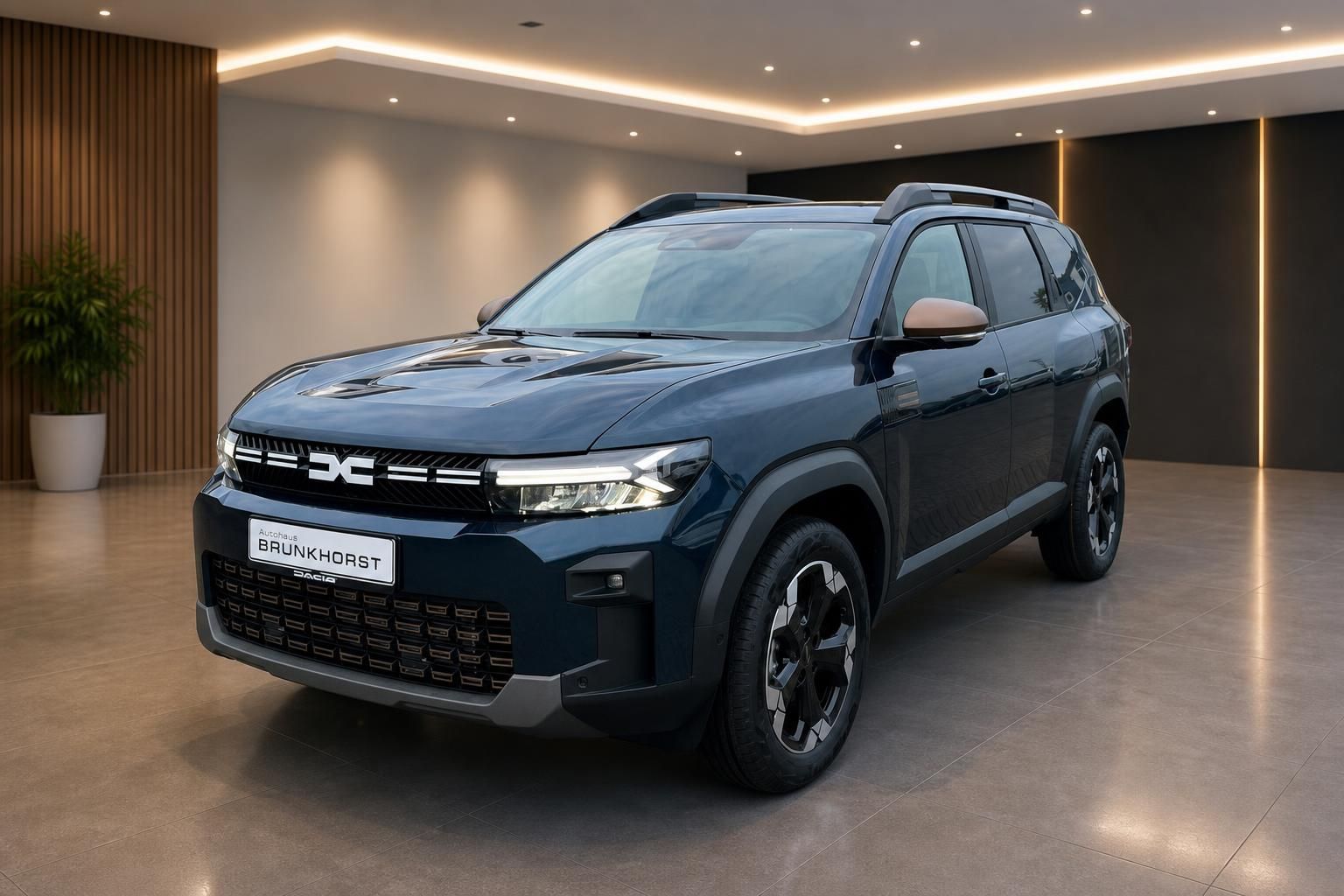 Dacia SUV blau Dreiviertel-Frontansicht im Autohaus Showroom mit LED-Scheinwerfern