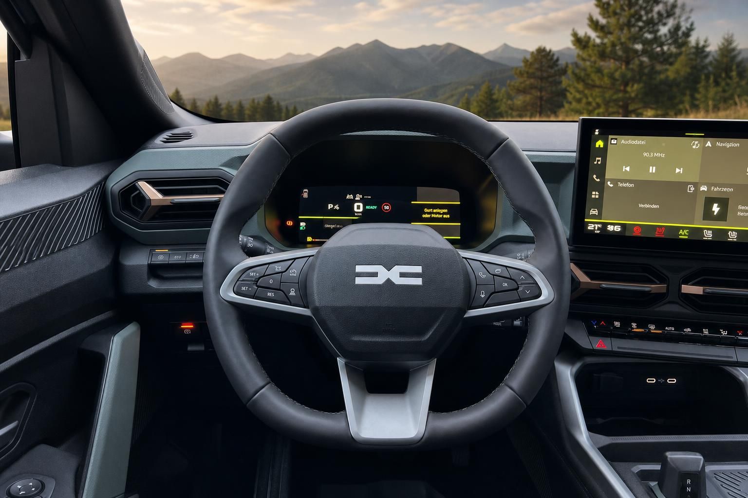 Modernes Fahrzeug-Cockpit mit digitalem Display und Lenkrad vor Berglandschaft