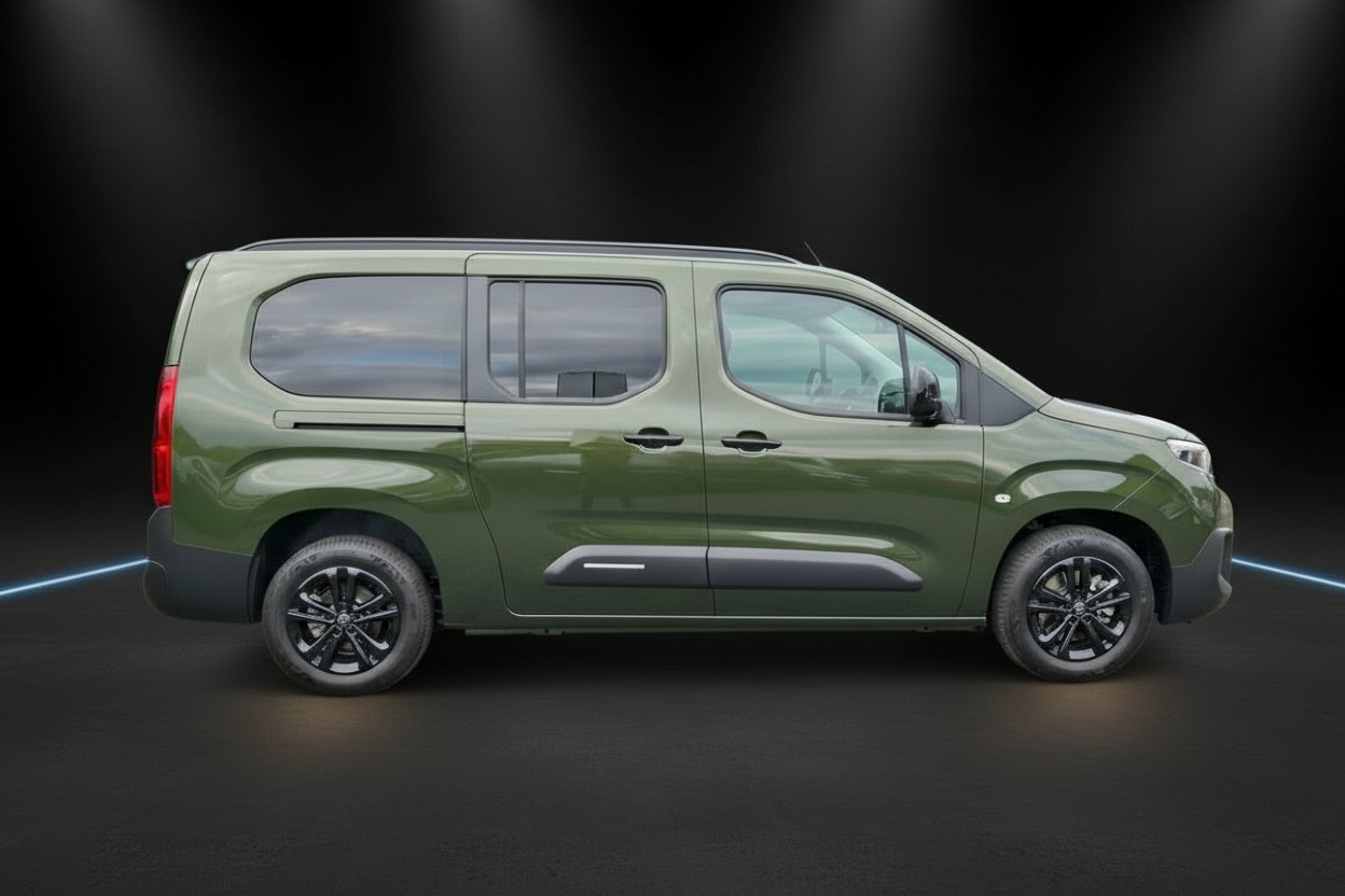 Toyota Proace City Verso in Olivgrün, Seitenansicht auf dunklem Studiohintergrund