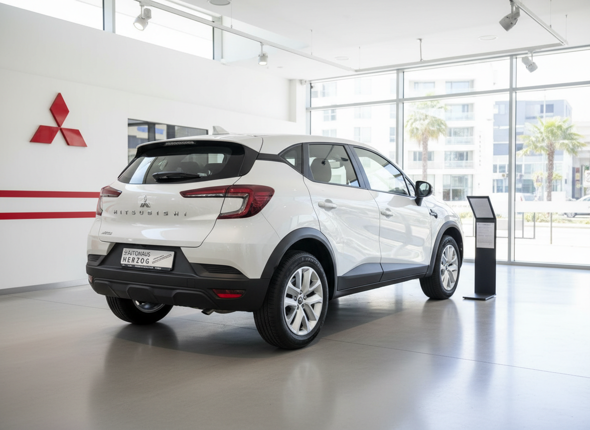 Mitsubishi ASX weiss Heckansicht im Autohaus Herzog Showroom