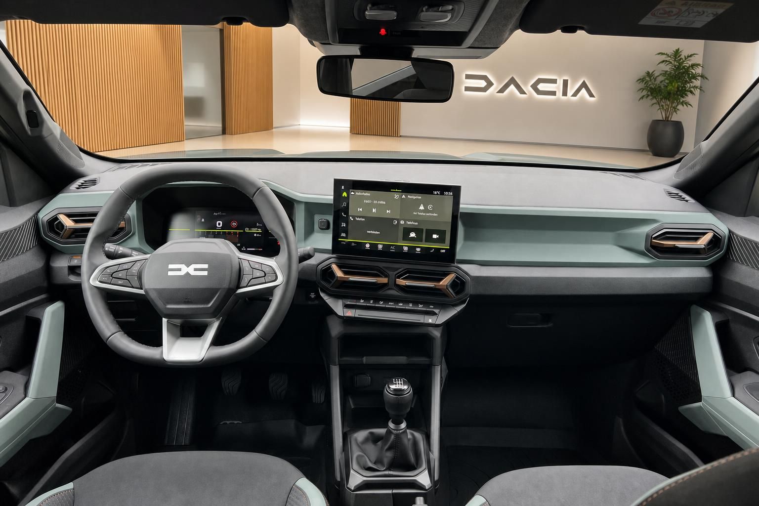 Dacia Innenraum mit modernem Armaturenbrett, Touchscreen und Schaltgetriebe