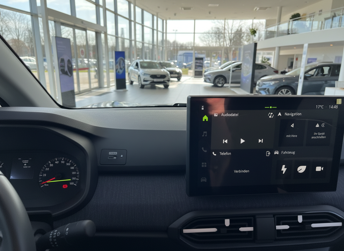 Dacia Innenraum mit Infotainment-Display und Tachometer im Autohaus