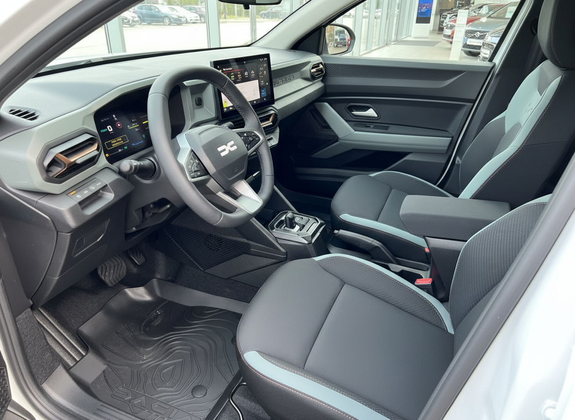 Dacia Innenraum mit digitalem Cockpit, Touchscreen und grauen Sitzen