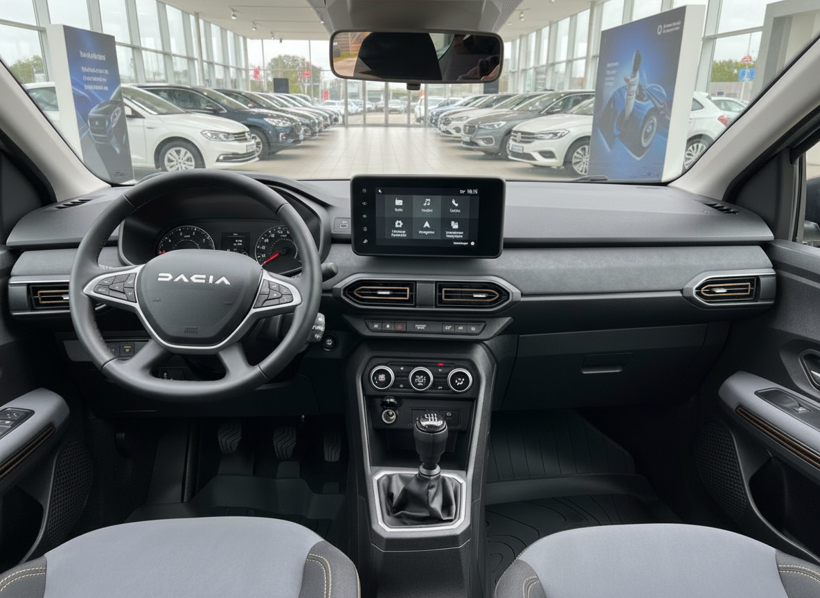 Dacia Sandero Innenraum Cockpit mit Touchscreen, Schaltgetriebe und Lenkrad im Autohaus
