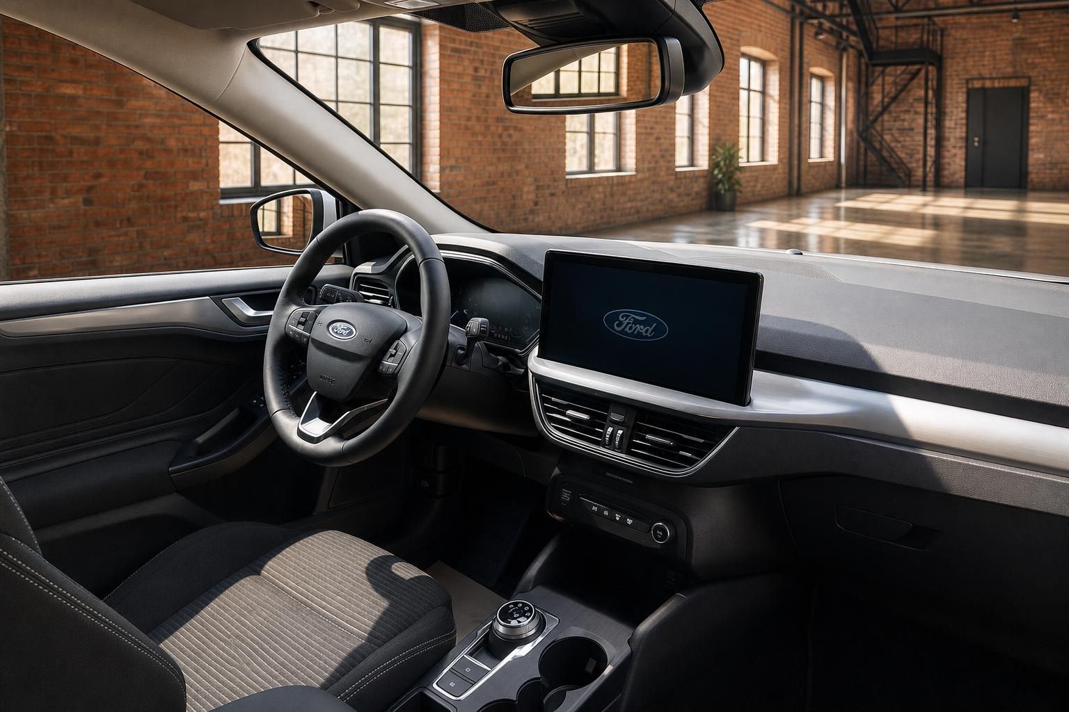 Ford Cockpit mit Lenkrad, Touchscreen und Mittelkonsole im Innenraum