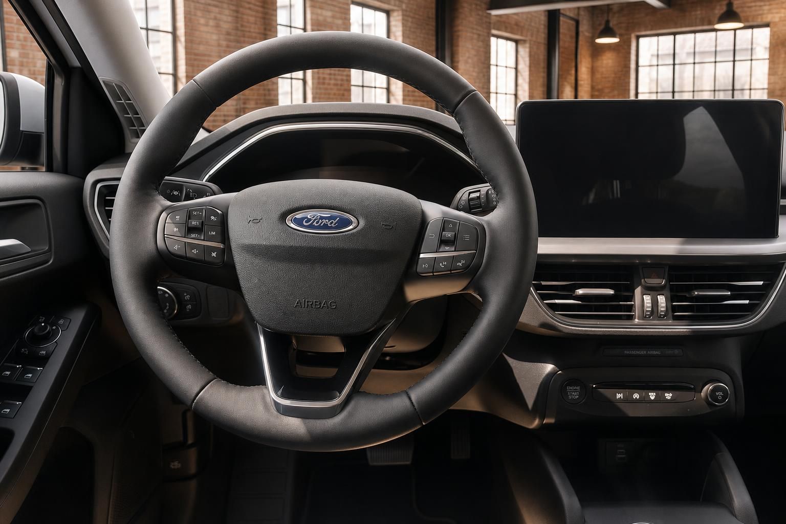 Ford Lenkrad Nahaufnahme mit Bedienelementen und Airbag im Cockpit