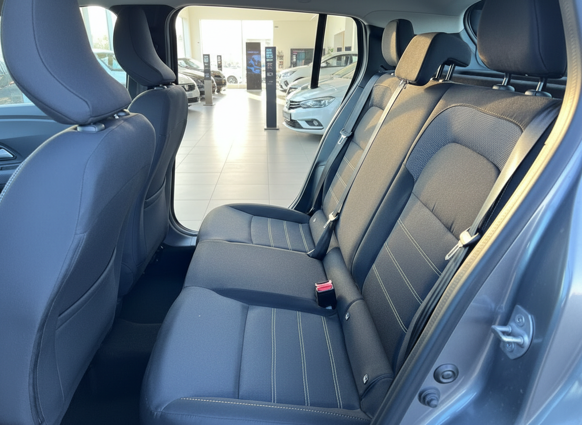 Rücksitzbank mit dunklem Stoffbezug und Kontrastnähten im Fahrzeuginnenraum im Autohaus