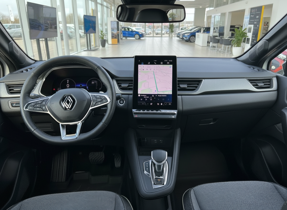 Renault Innenraum mit Lenkrad, großem Touchscreen-Navi und Automatikgetriebe im Autohaus