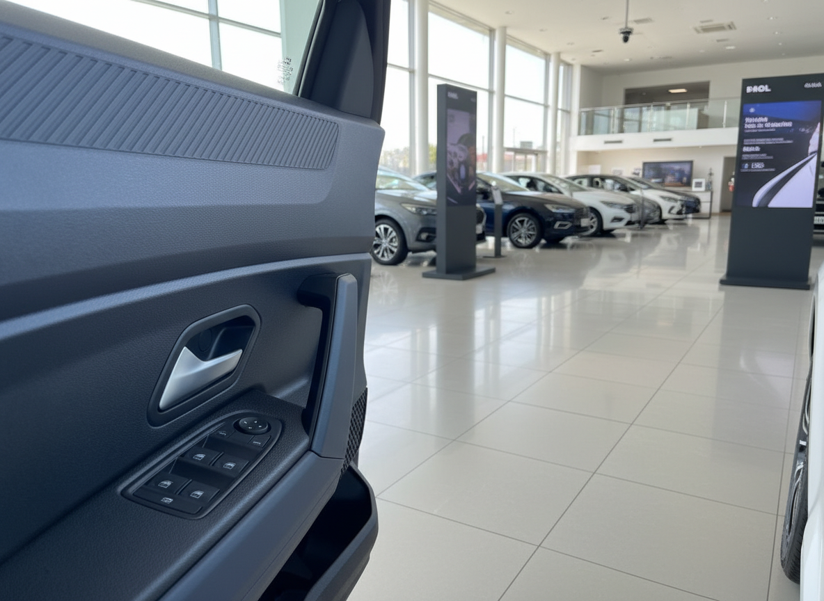 Fahrzeuginnenraum Fahrertür mit Fensterheberschaltern in modernem Autohaus-Showroom