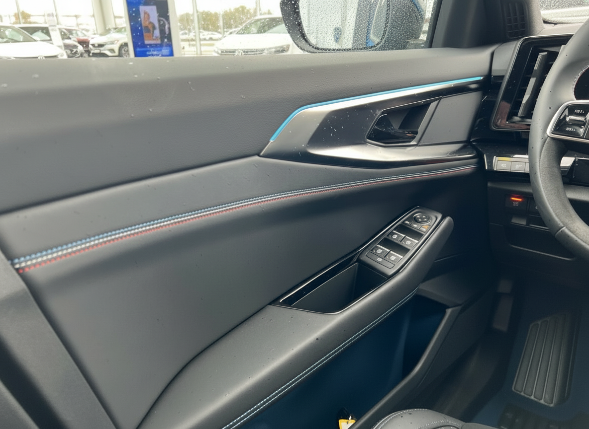 Schwarzes Leder Fahrzeuginnenraum Fahrertür mit Fensterheber und blauer Ambientebeleuchtung