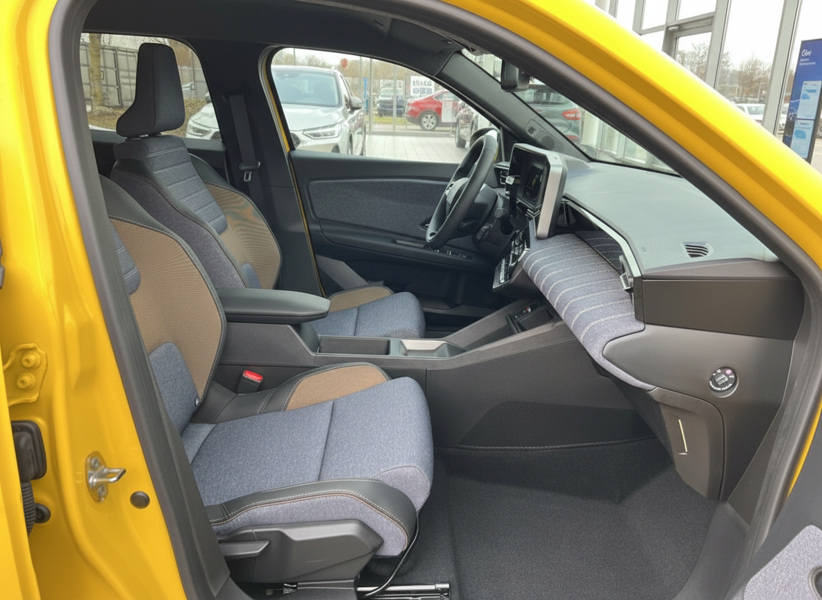 Gelbes Fahrzeug Innenraum mit blauen Stoffsitzen und modernem Cockpit