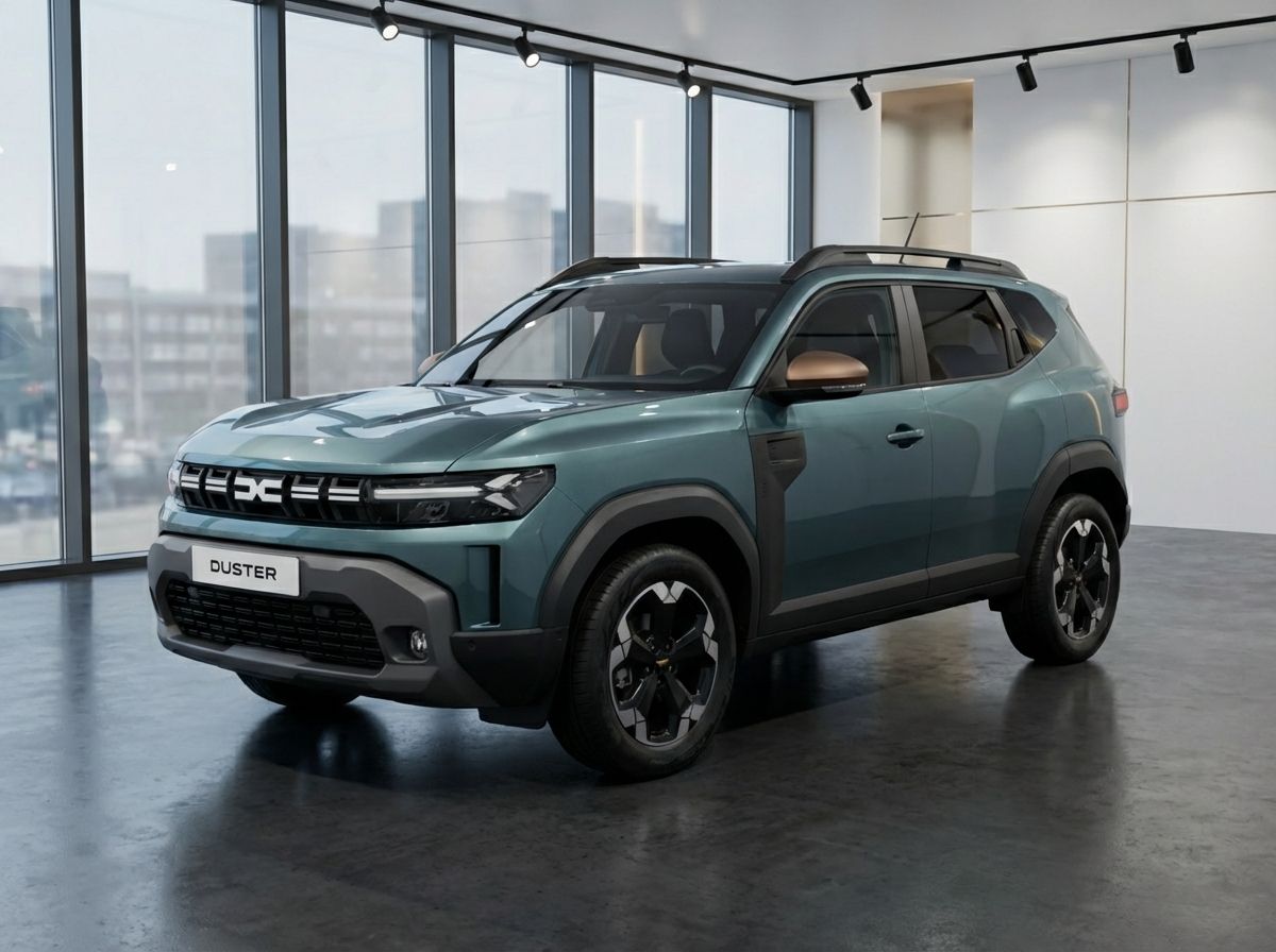 Dacia Duster SUV in Grün-Blau Metallic, 3. Generation, Frontansicht im Showroom