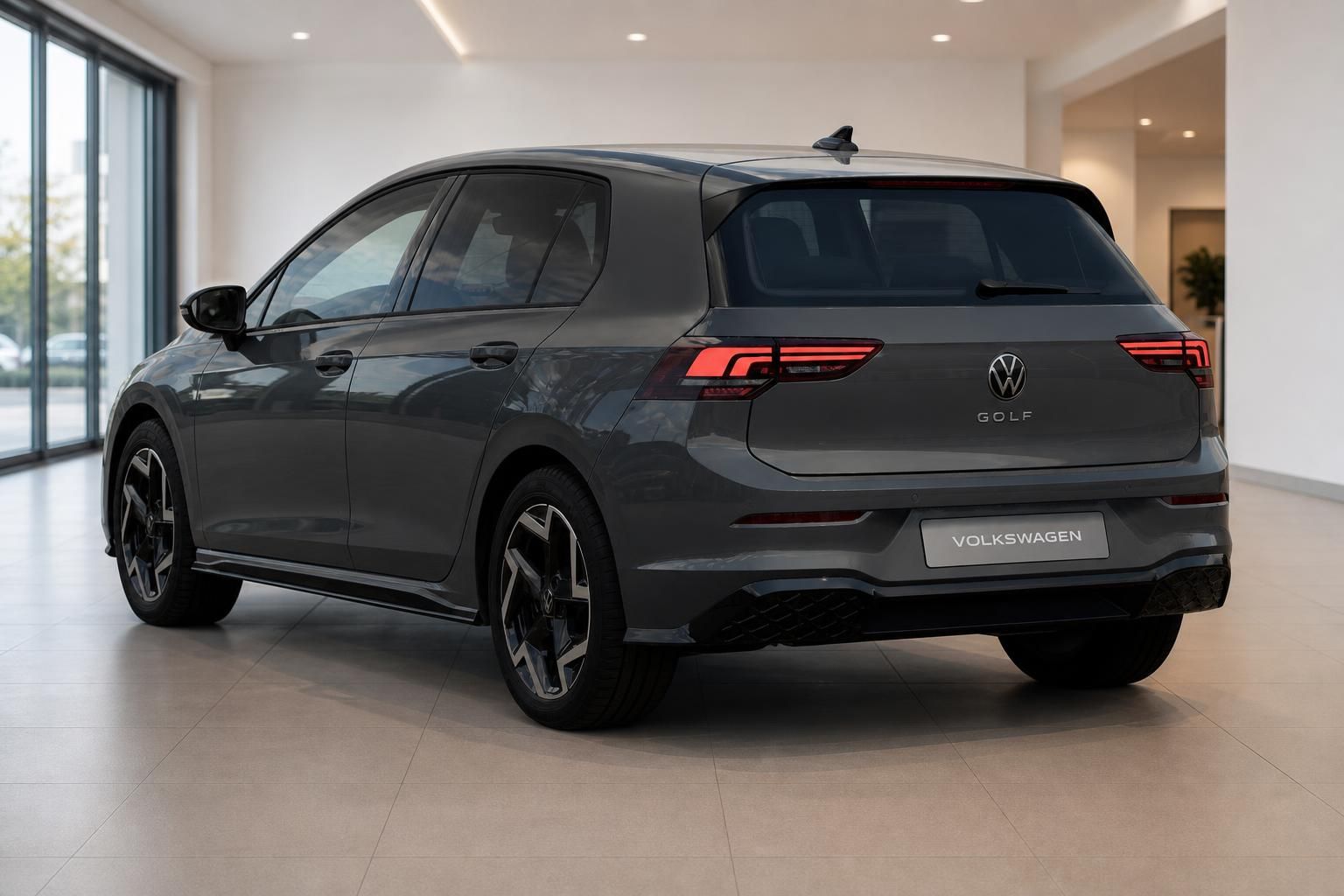 VW Golf grau Heckansicht mit LED-Rueckleuchten im Showroom