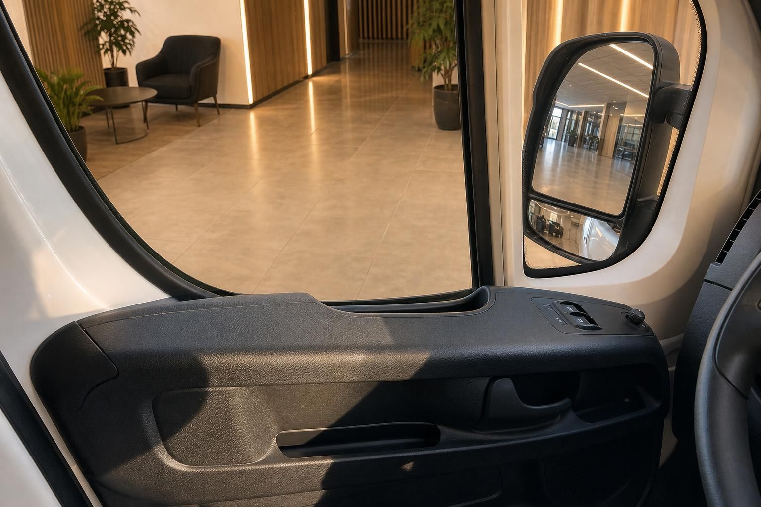 Außenspiegel und Türverkleidung eines weißen Nutzfahrzeugs im Showroom