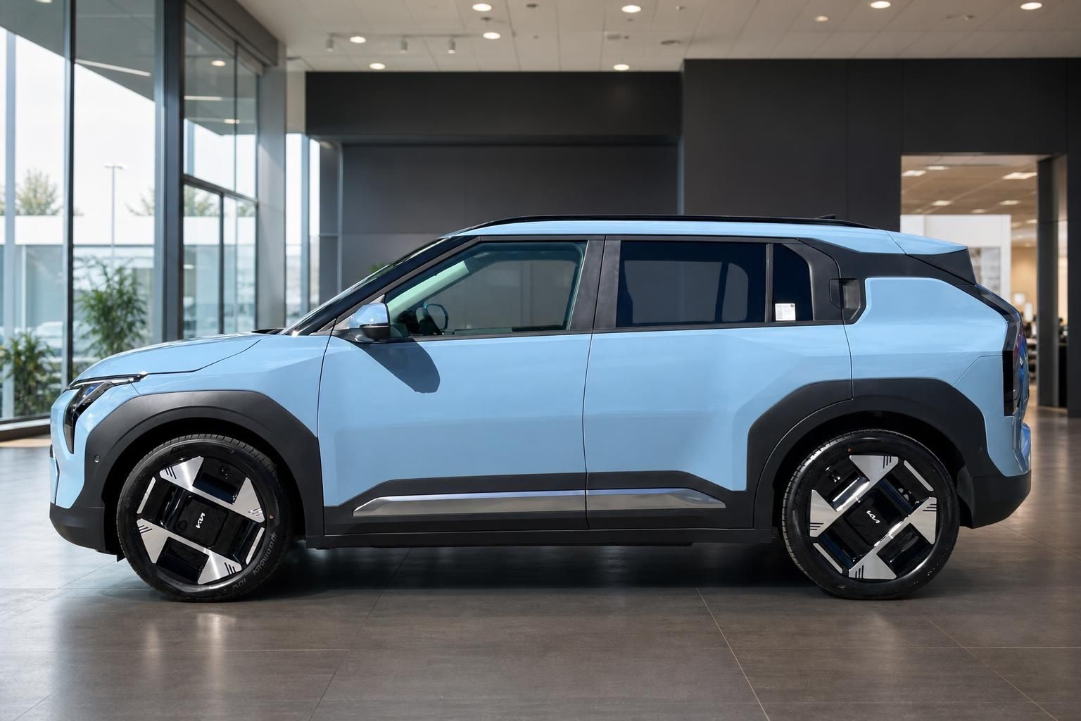Kia EV3 in Hellblau, Seitenansicht im Autohaus-Showroom