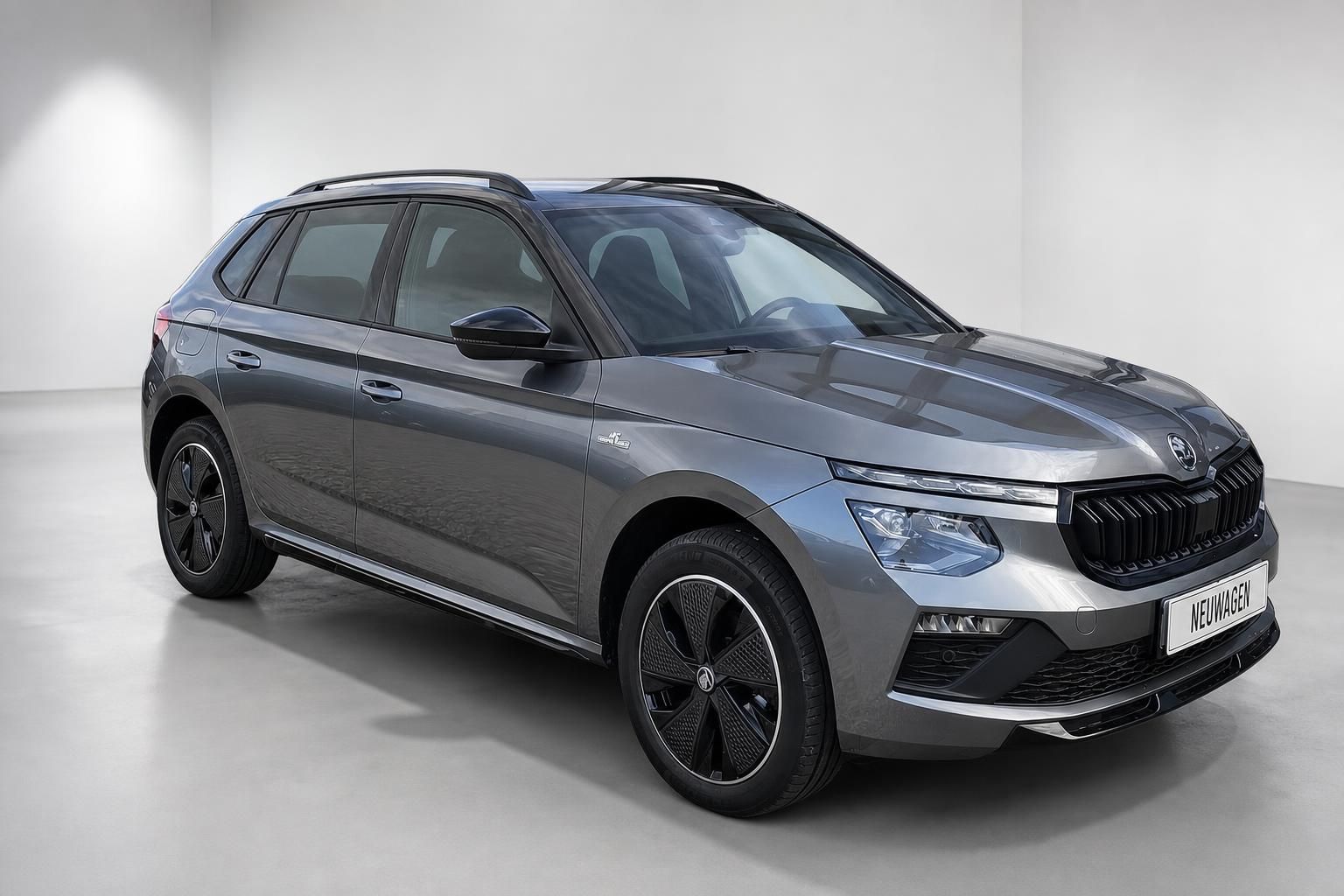 Škoda Kamiq grau metallic Frontansicht schräg im Studio