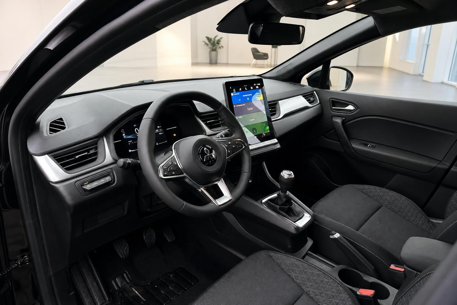 Mitsubishi ASX Innenraum mit Lenkrad, Schaltgetriebe, Touchscreen und schwarzen Stoffsitzen