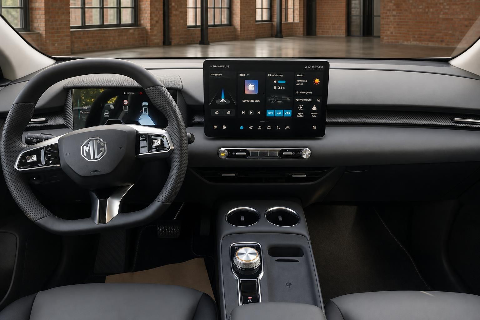 MG Cockpit mit Lenkrad, Digitaltacho und großem Touchscreen-Display