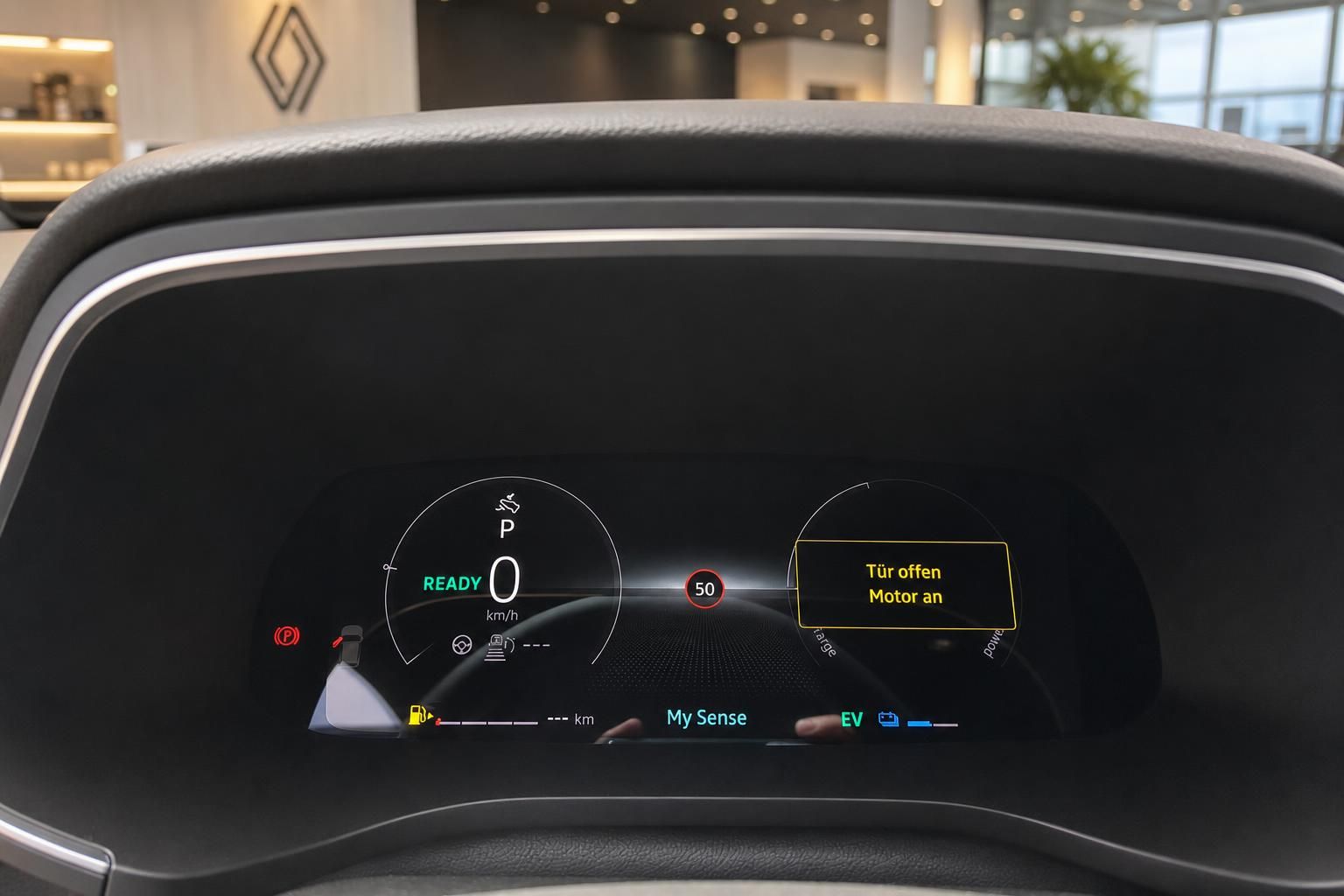 Digitales Kombiinstrument eines Elektrofahrzeugs mit Tacho und Bordcomputer-Anzeige