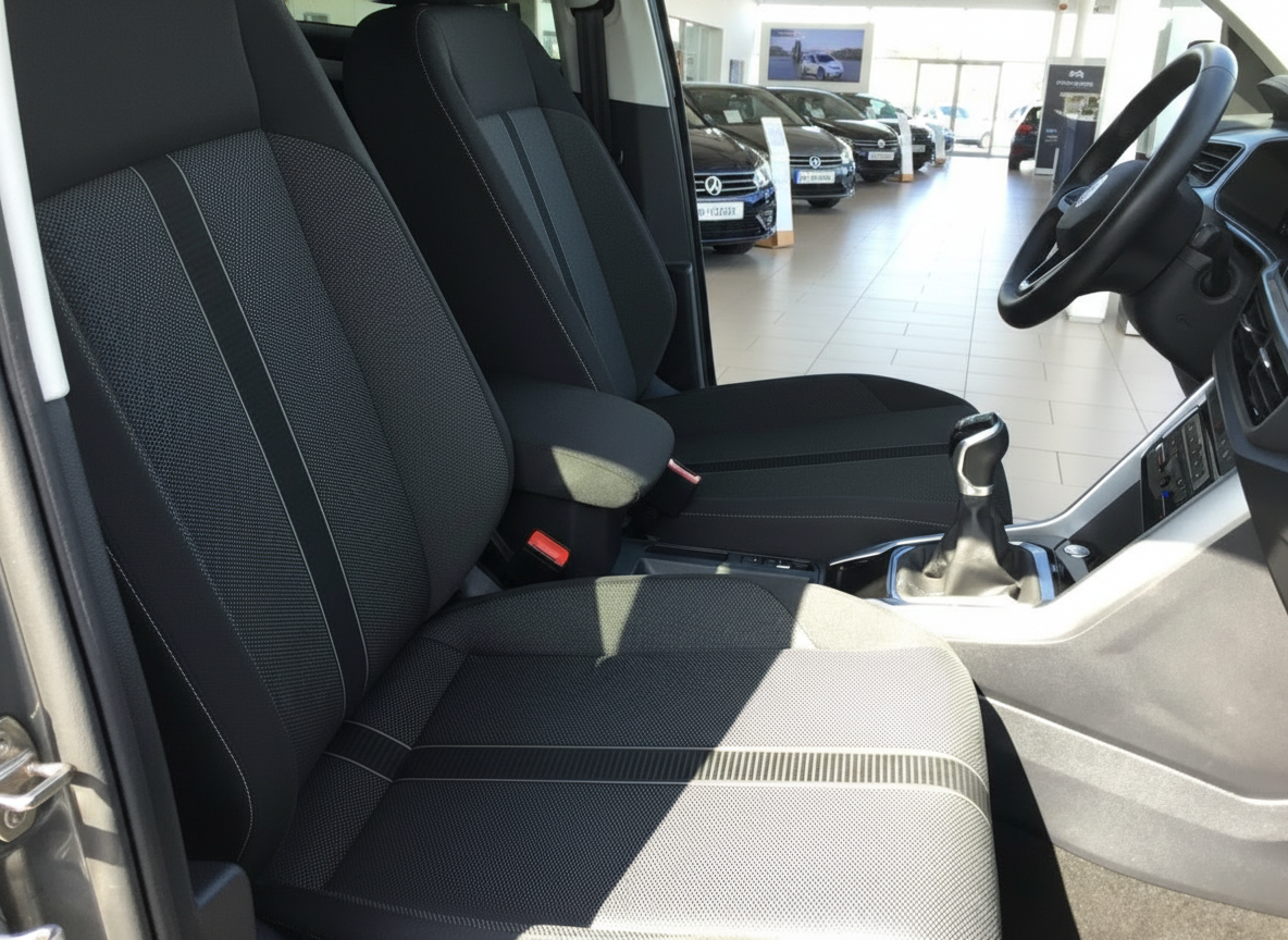 Volkswagen Transporter Innenraum mit schwarzen Stoffsitzen, Mittelkonsole und Schaltgetriebe