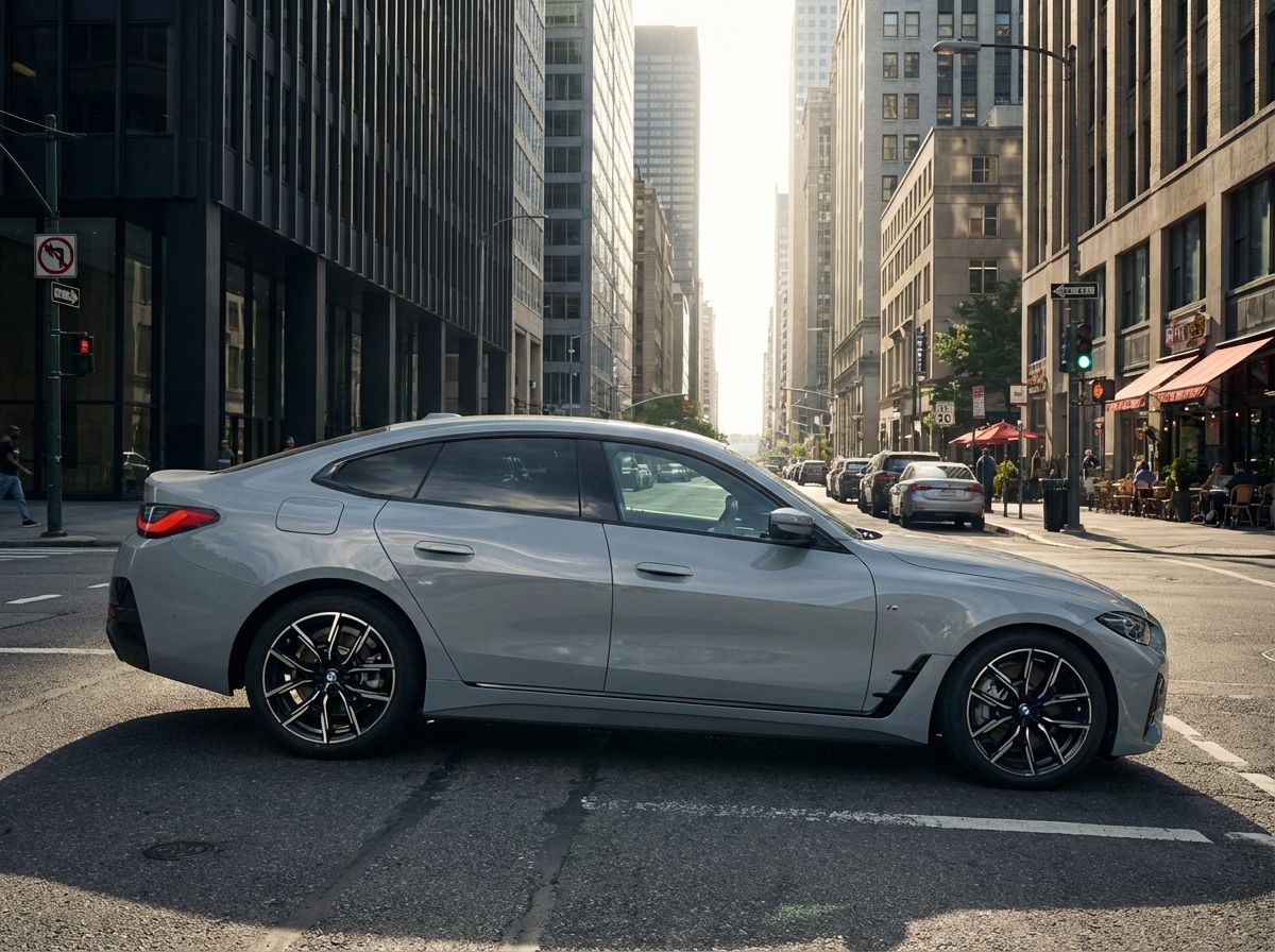 BMW 4er Gran Coupé in Silber mit M-Paket im Showroom eines BMW Autohauses, Seitenansicht mit sportlichen schwarzen Felgen und eleganter Coupé-Dachlinie