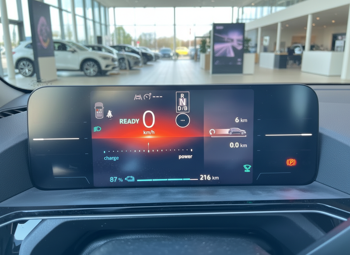 Digitales Cockpit-Display Elektrofahrzeug mit 87% Ladezustand und 216 km Reichweite